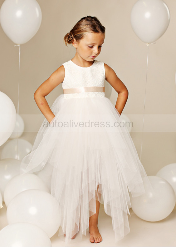 Ivory Lace Tulle Keyhole Back Handkerchief Hem Flower Girl Dress